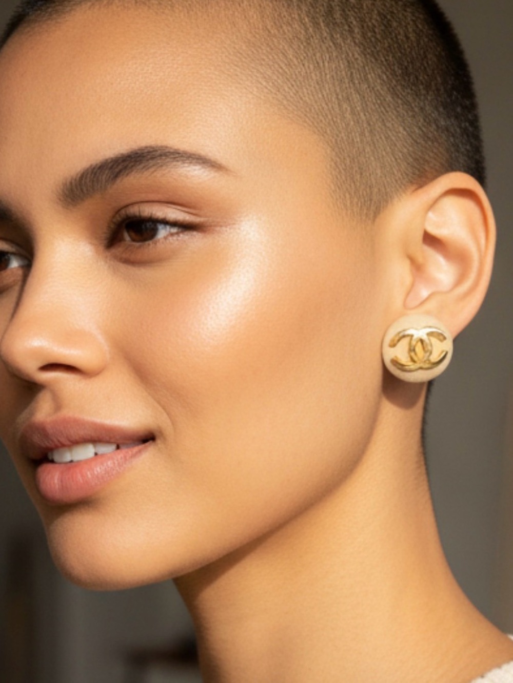 Large Gold-Tone Button Stud Earrings in Cream